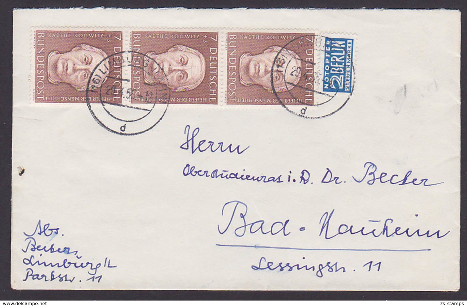 Germany Käthe Kollwitz, Grafikerin Malerin  7+3 Pfg. MeF Mit NO Limburg 29.4.55 Nach Bad Nauheim MiNr. 200 (55.-) - Lettres & Documents