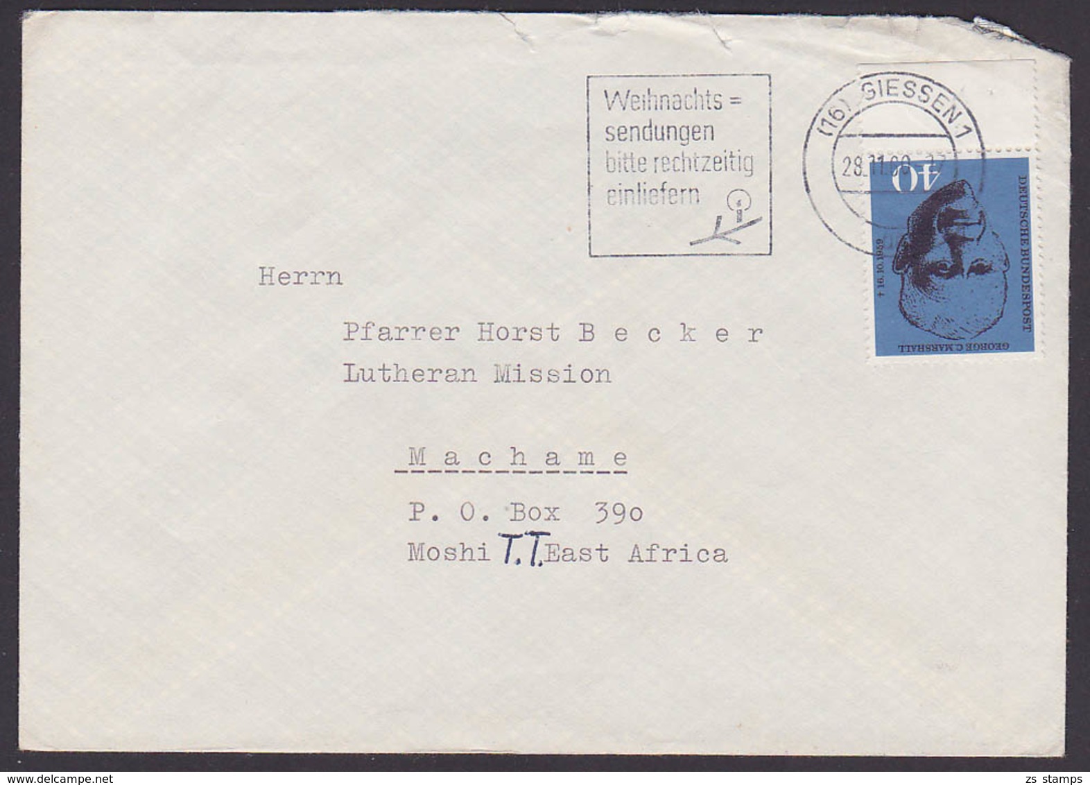 Germany G.C. Marshall, Amerik. General Friedensnobelpreisträger 1953 40 Pfg. MWSt. Giessen 28.11.60 MiNr. 344 - Covers & Documents