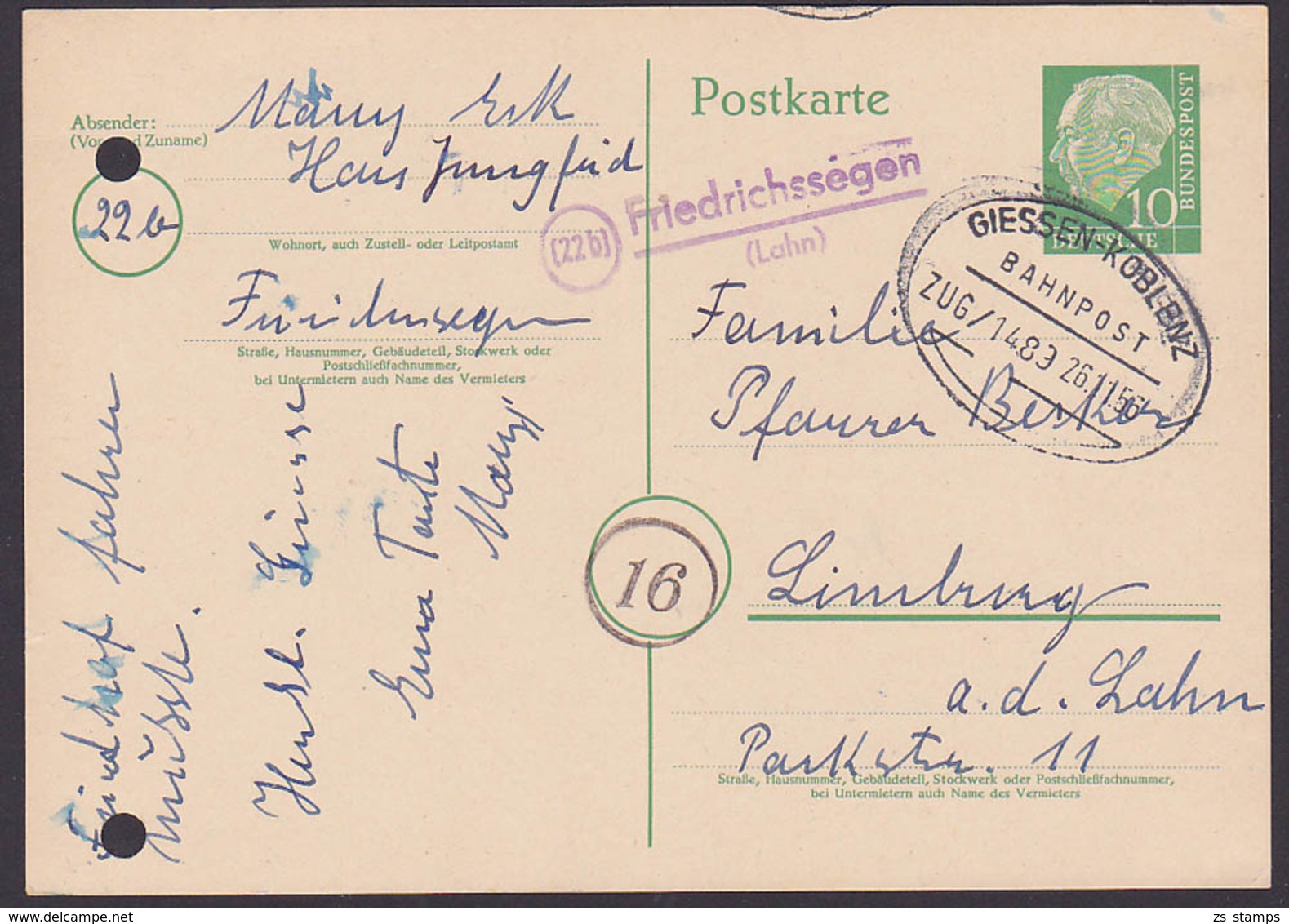 Friedrichssegen (Lahn) Poststellenst. BRD 10 Pfg. Theodor Heuss-Ganzsache Mit Banpostst. GIESSE-KOBLENZ 26.11.56 - Lettres & Documents