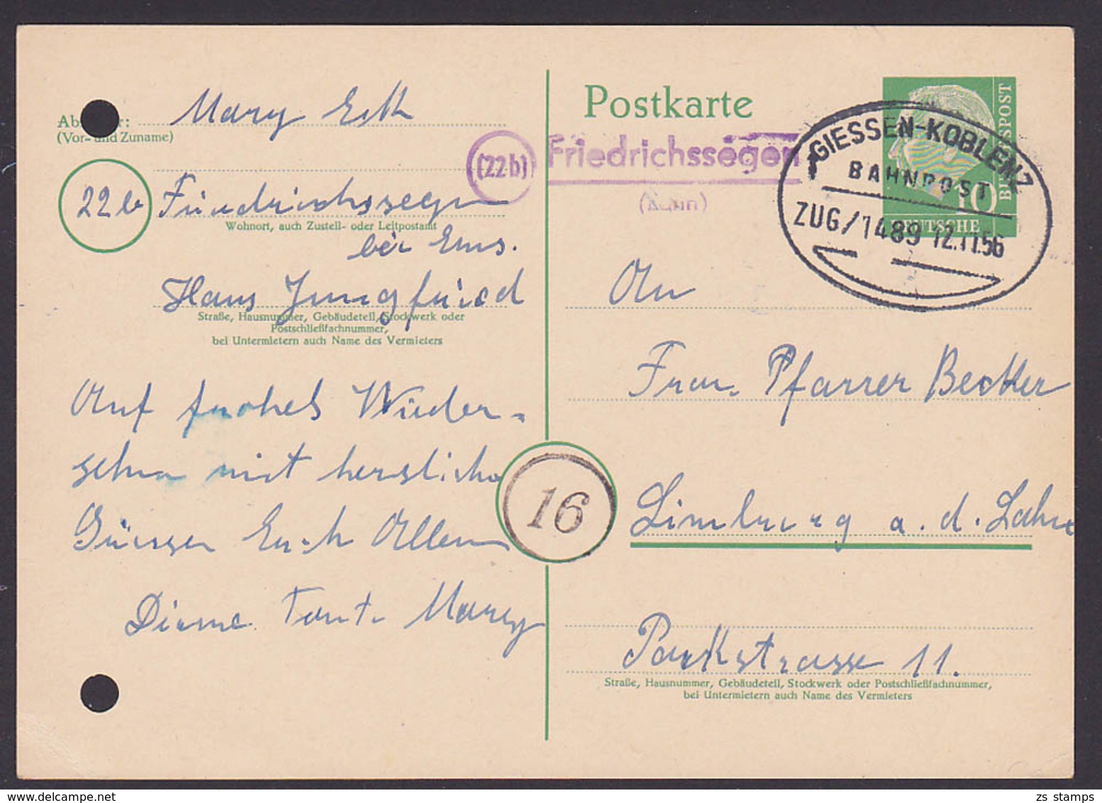 Friedrichssegen (Lahn) Poststellenst. BRD 10 Pfg. Theodor Heuss-Ganzsache Mit Banpostst. GIESSE-KOBLENZ 12.11.56, Aktenl - Brieven En Documenten