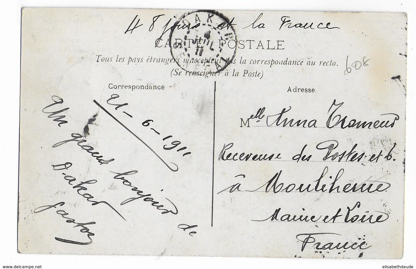 SENEGAL - 1911 - SEMEUSE SURCHARGE FM Sur CARTE De DAKAR => MAINE ET LOIRE - Lettres & Documents