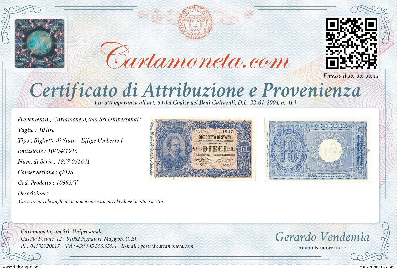 10 LIRE BIGLIETTO DI STATO EFFIGE UMBERTO I 10/04/1915 QFDS - Sonstige