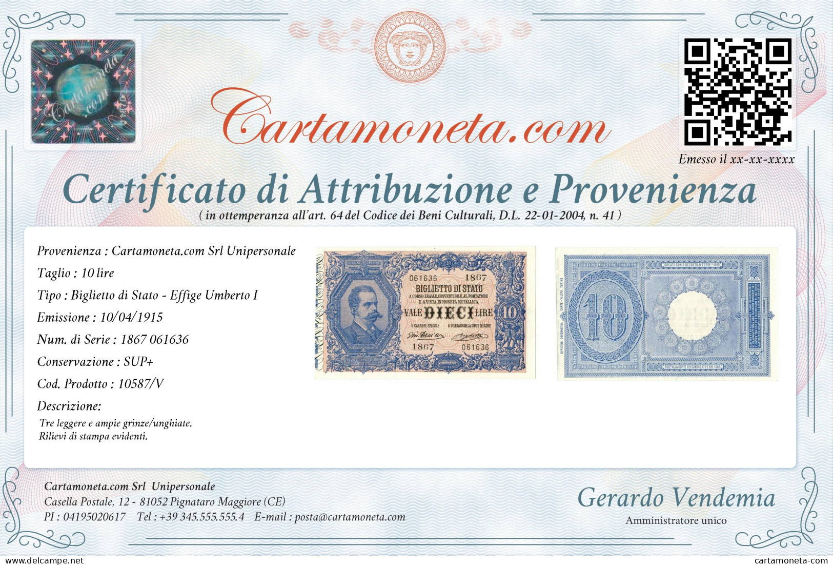 10 LIRE BIGLIETTO DI STATO EFFIGE UMBERTO I 10/04/1915 SUP+ - Regno D'Italia – Autres