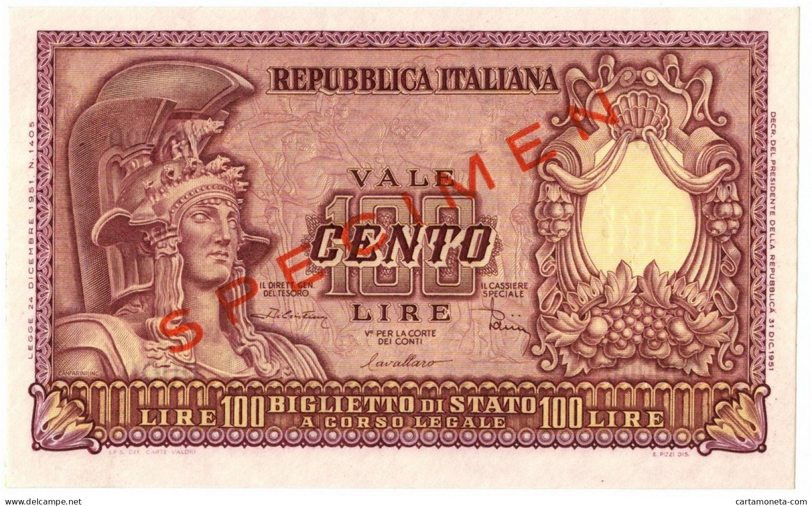 100 LIRE BIGLIETTO DI STATO SPECIMEN ELMATA DI CRISTINA 31/12/1951 FDS-/FDS - Altri & Non Classificati