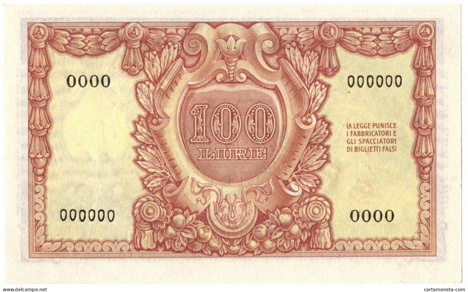 100 LIRE BIGLIETTO DI STATO SPECIMEN ELMATA DI CRISTINA 31/12/1951 FDS-/FDS - Autres & Non Classés