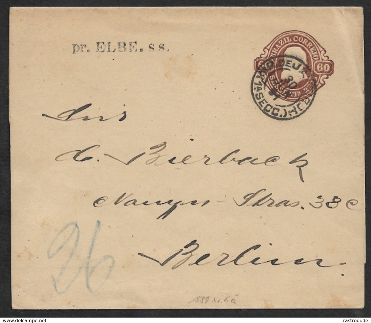 1891 Brasilien - 60R Streifband Seepost S.S Elbe Nach Berlin. L1 Pr. ELBE. S.s - Storia Postale