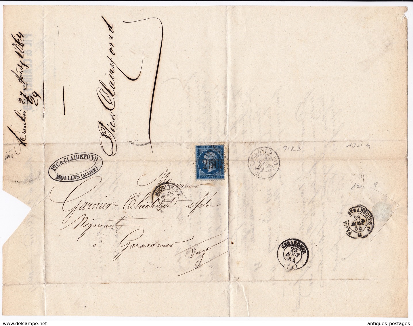 Lettre 1864 Moulins Allier Pic & Clairefond Gérardmer Vosges Timbre Napoléon III Lauré 20 Centimes - 1863-1870 Napoléon III Lauré