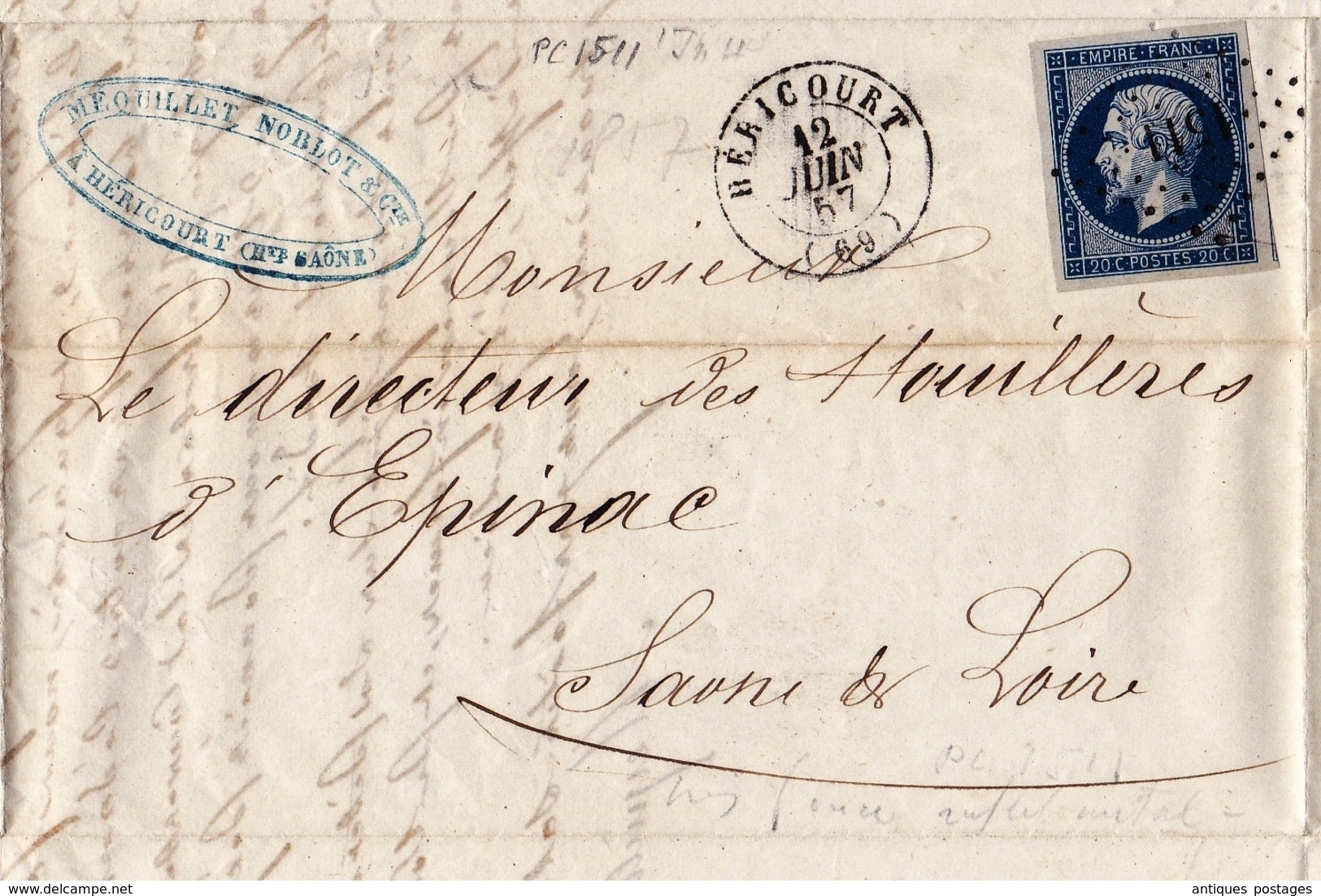 Lettre 1857 Héricourt Haute-Saône Méquillet Noblot & Cie Filature Houillères D'Épinac Saône Et Loire - 1853-1860 Napoléon III