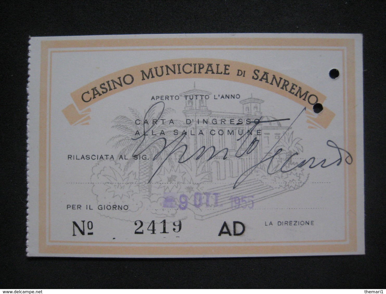 ANNO 1955 CASINO MUNICIPALE SANREMO BIGLIETTO TICKET CARTA INGRESSOALLA SALA COMUNE - Biglietti D'ingresso