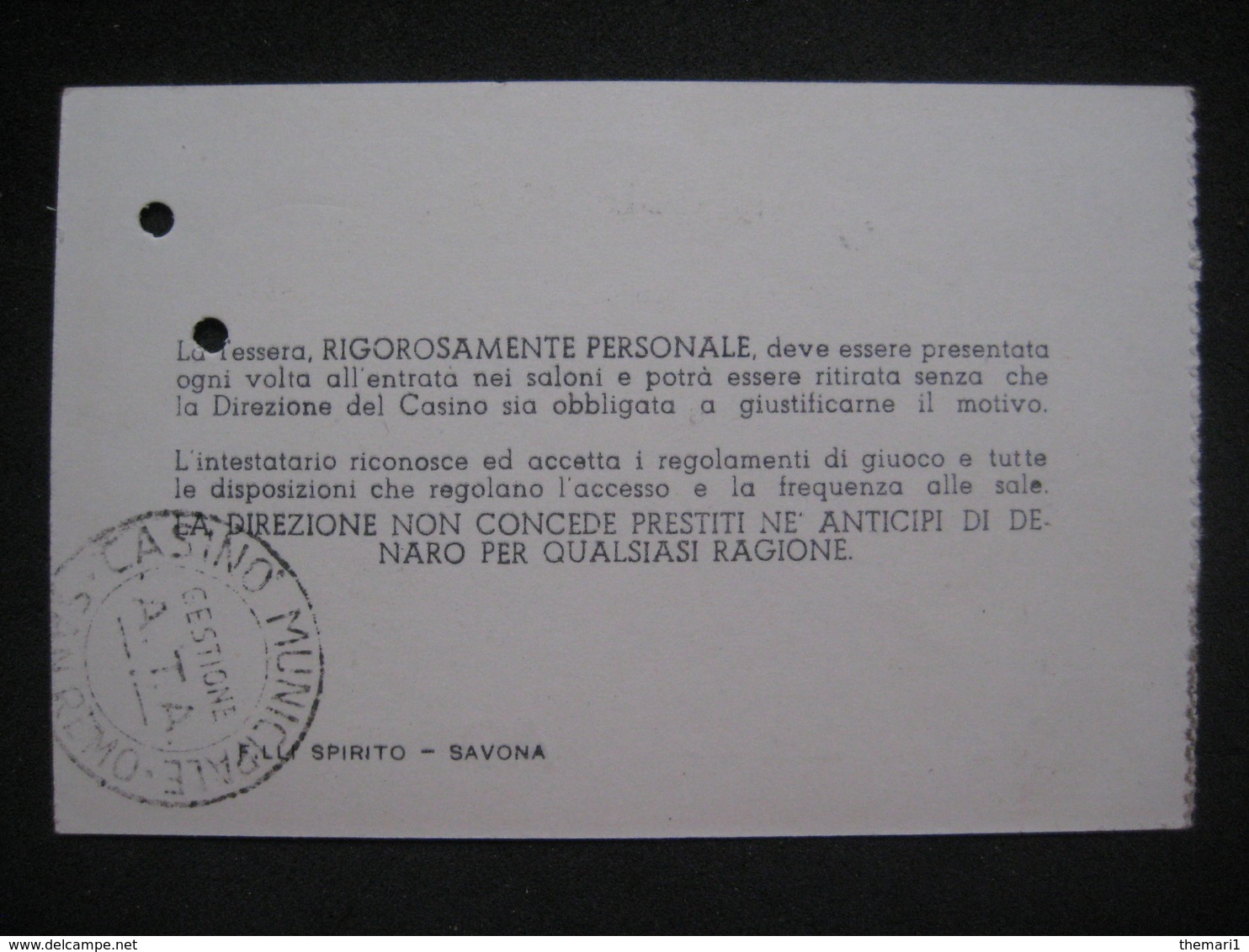 ANNO 1955 CASINO MUNICIPALE SANREMO BIGLIETTO TICKET CARTA INGRESSOALLA SALA COMUNE - Biglietti D'ingresso