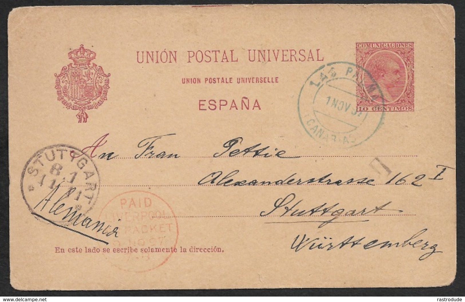 1897 Spain - Postal Stationery Card - Seapost - Canarias To Germany - Liverpool Packet - Covers & Documents