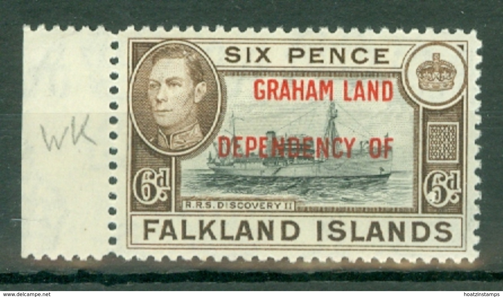 Falkland Islands Dep: 1944/45   KGVI - 'Graham Land' OVPT  SG A6   6d  Black & Brown  MNH - Falklandinseln