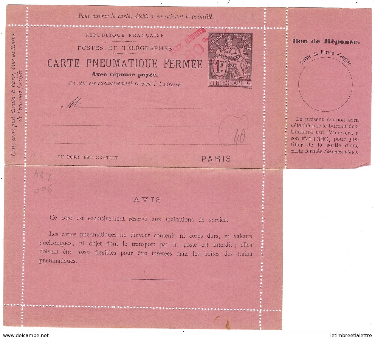 France, Entier Postal, Carte Lettre Pneumatique Avec Réponse Payée ( 1 Franc Chaplain ) - Autres & Non Classés