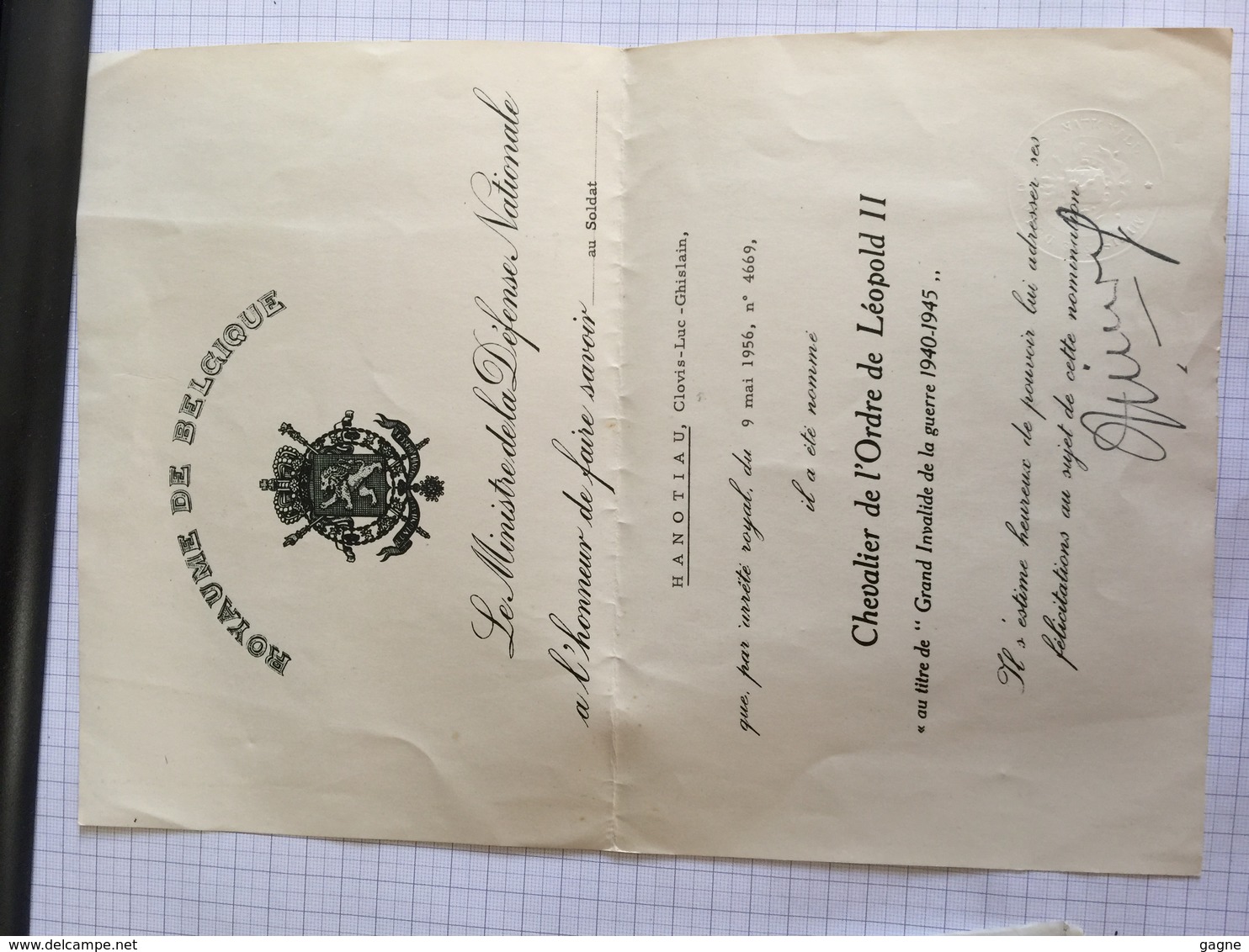 19C -  Diplome Décoration Militaire Grand Invalide 40-45 Hanotiau Chevalier Ordre Léopold II - Diploma & School Reports