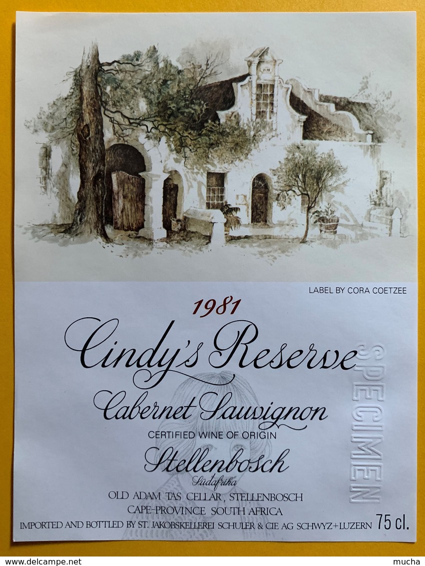 10981 - Cindy's Réserve Cabernet Sauvignon 1981 Afrique Du Sud Artiste Cora Coetzee Spécimen - Art