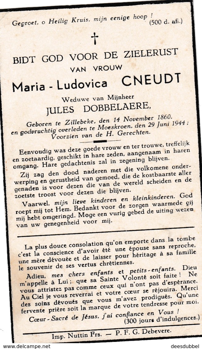 M.CNEUDT °ZILLEBEKE 1860 +MOESKROEN 1944 (J.DOBBELAERE) - Religion & Esotérisme