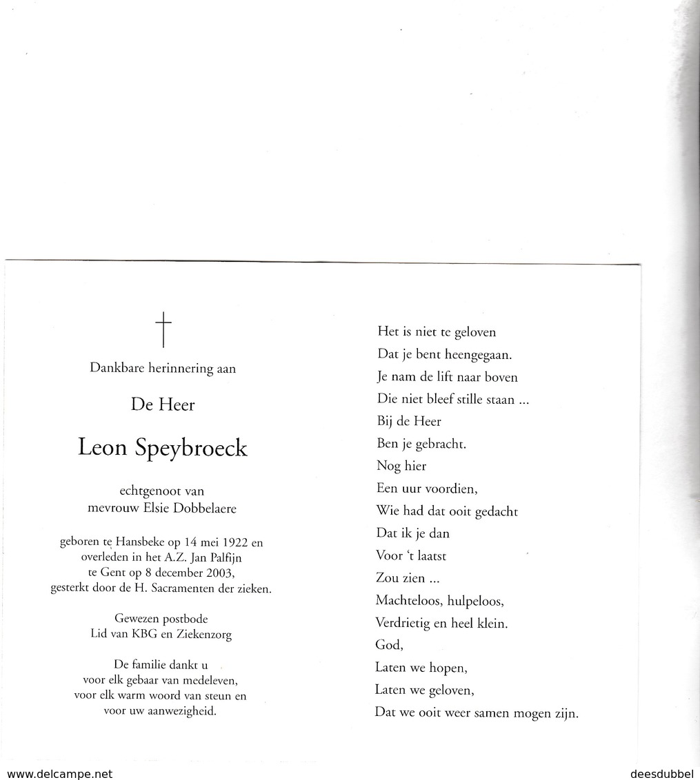 L.SPEYBROECK °HANSBEKE 1922 +GENT  (E.DOBBELAERE) - Religion & Esotérisme