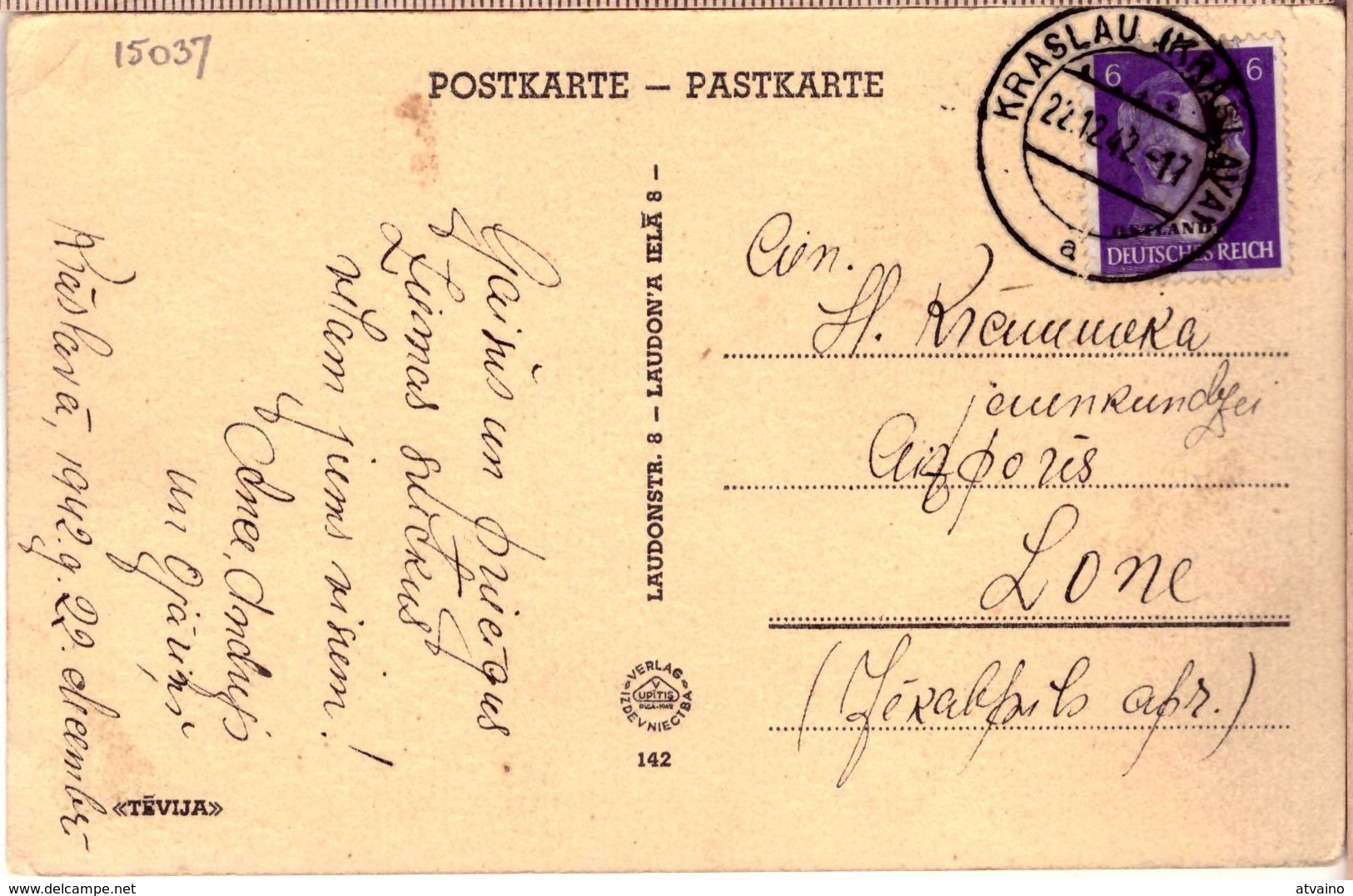 Latvia Lettland PC German Time Cancel KRASLAU KRASLAVA "a" 22.12.1942. - Latvia