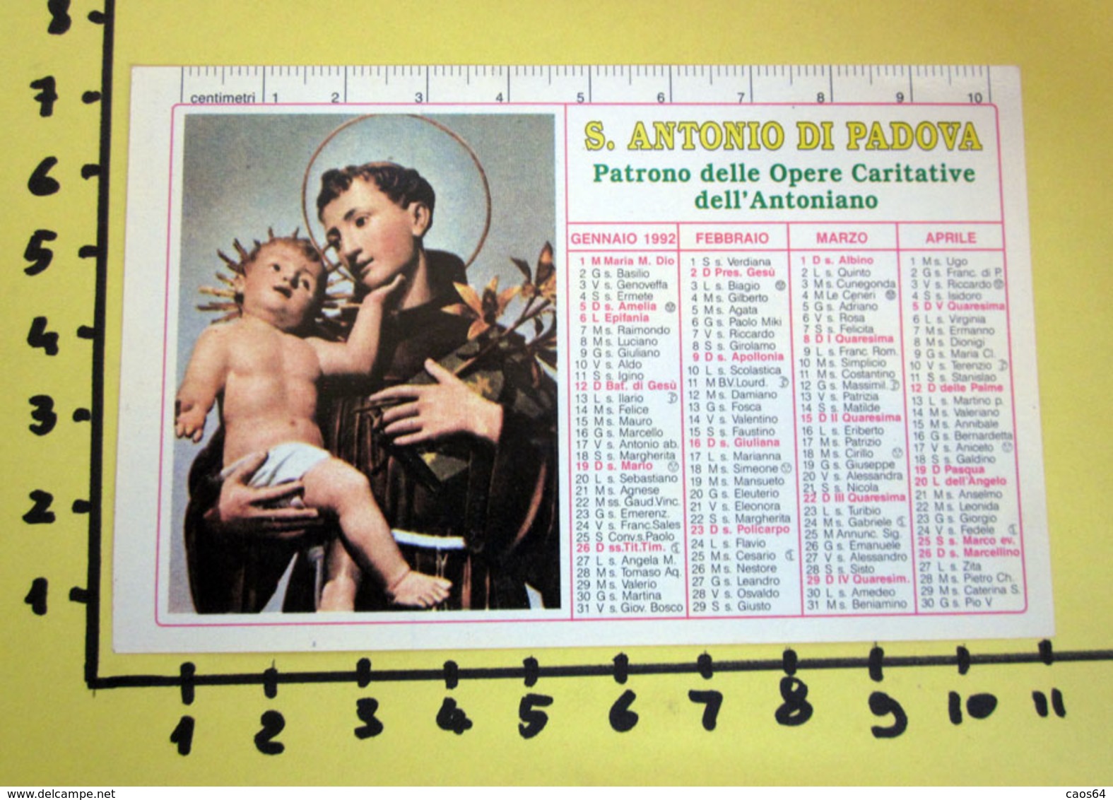 S. ANTONIO DI PADOVA 1992  CALENDARIO TASCABILE PLASTIFICATO - Grand Format : 1991-00