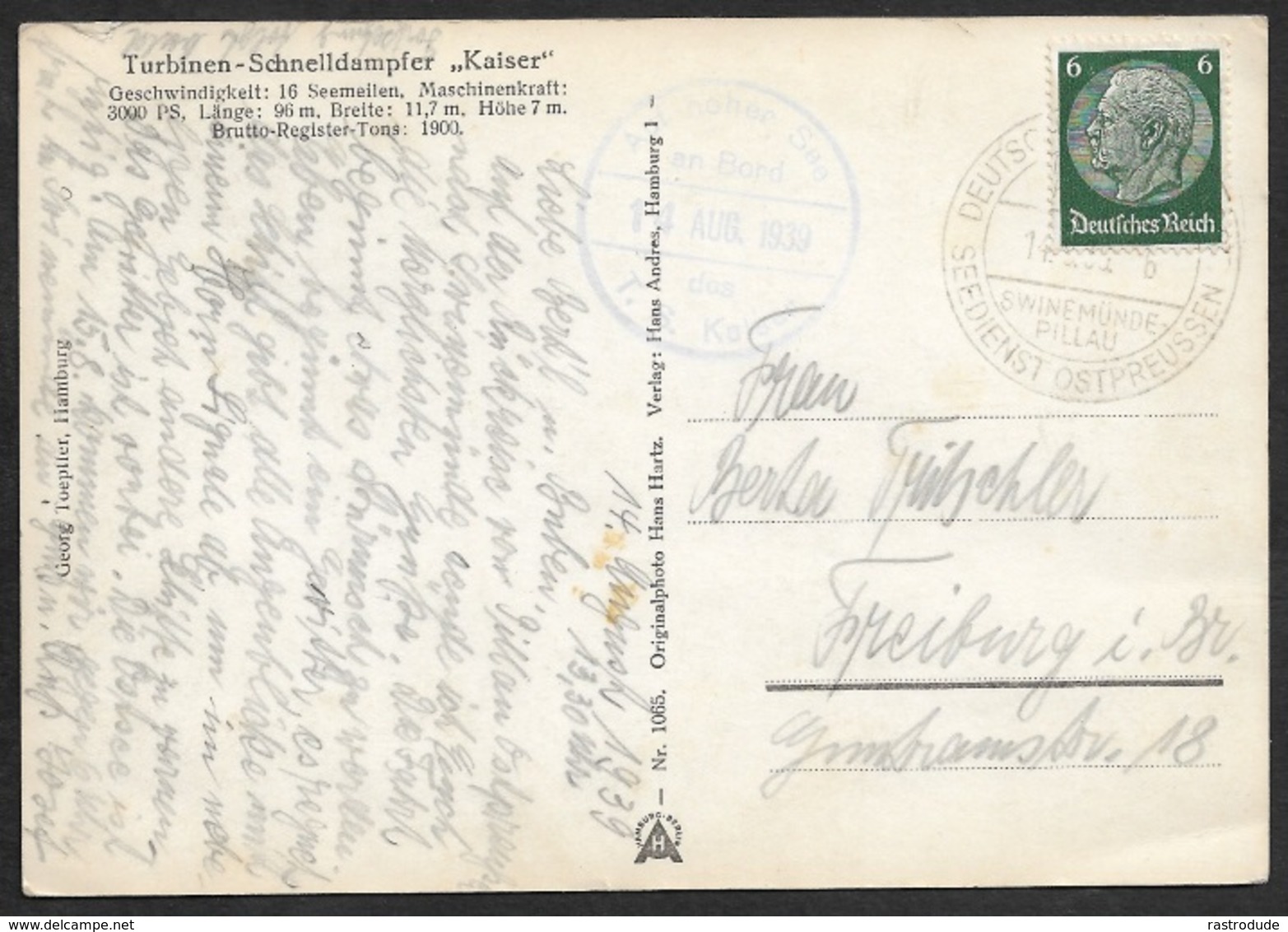 1939 - DR - SEEPOST - Deutsche Seepost Swinemünde Pillau Seedienst Ostpreußen - Schnelldampfer KAISER - Covers & Documents