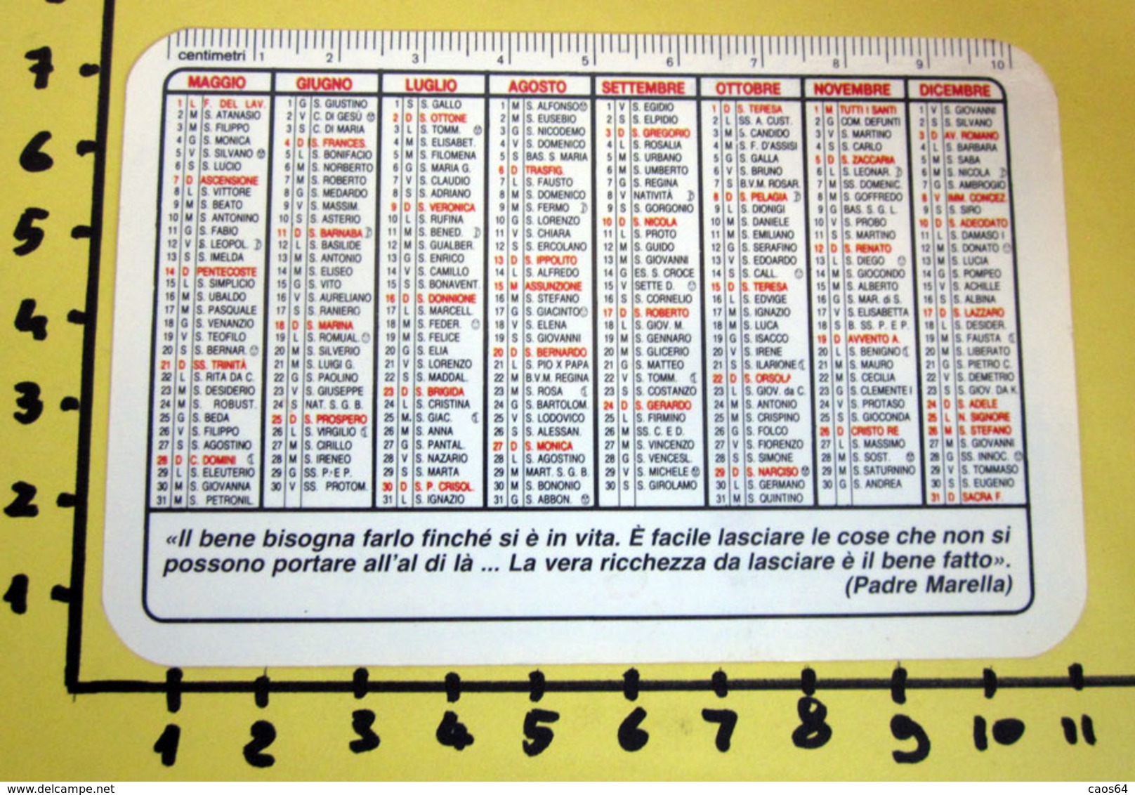 OPERA PADRE MARELLA 1989  CALENDARIO TASCABILE PLASTIFICATO - Tamaño Grande : 1981-90