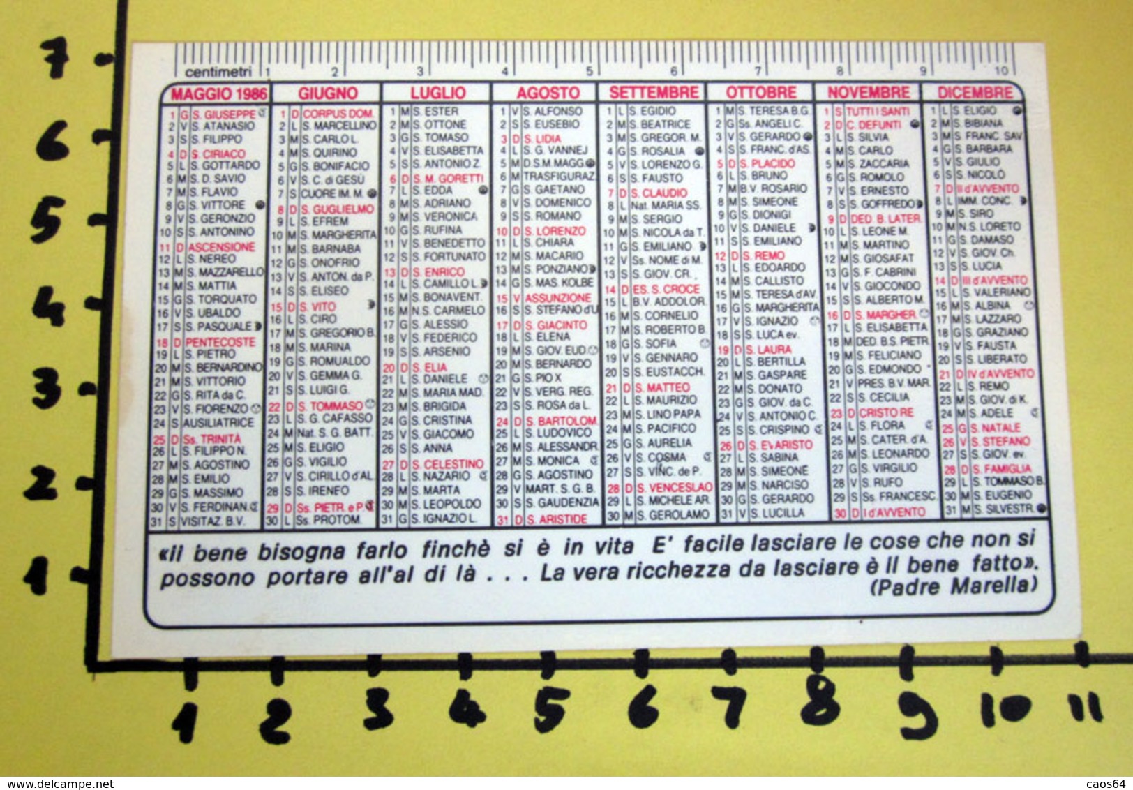OPERA PADRE MARELLA 1986  CALENDARIO TASCABILE PLASTIFICATO - Grand Format : 1981-90