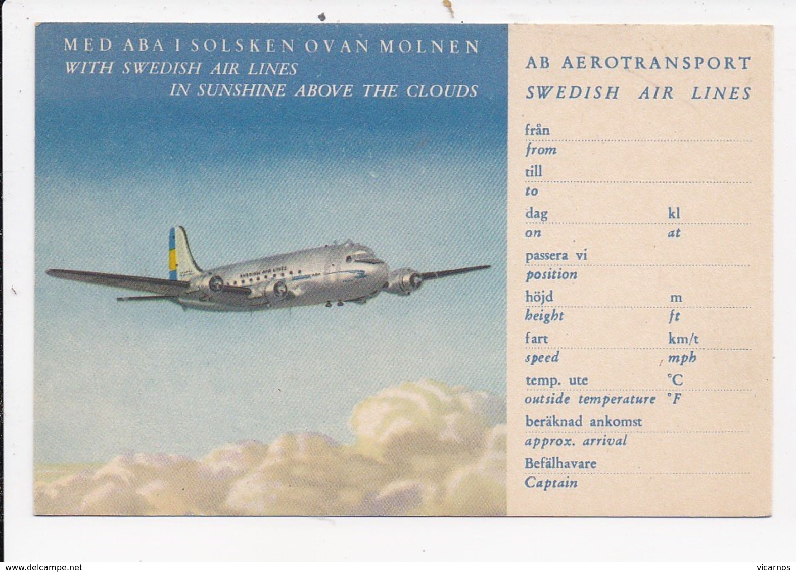 CPSM AVIATION SWEDISH AIR LINES Med Aba I Solsken Ovan Molden In Sunshine Above The Clouds - 1946-....: Ere Moderne