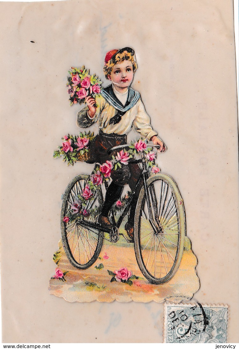 CELLULOIDE ,AVEC DECOUPIS ENFANT A VELO,FLEURS REF 60375 - Altri & Non Classificati