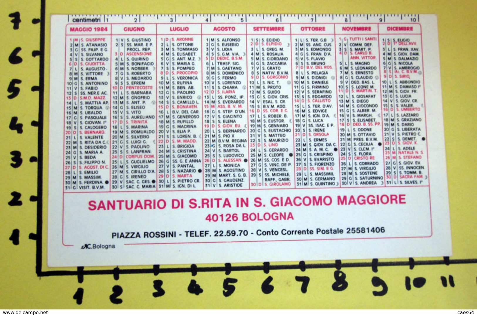 S. RITA SANTUARIO IN S. GIACOMO MAGGIORE 1984  CALENDARIO TASCABILE PLASTIFICATO - Big : 1981-90