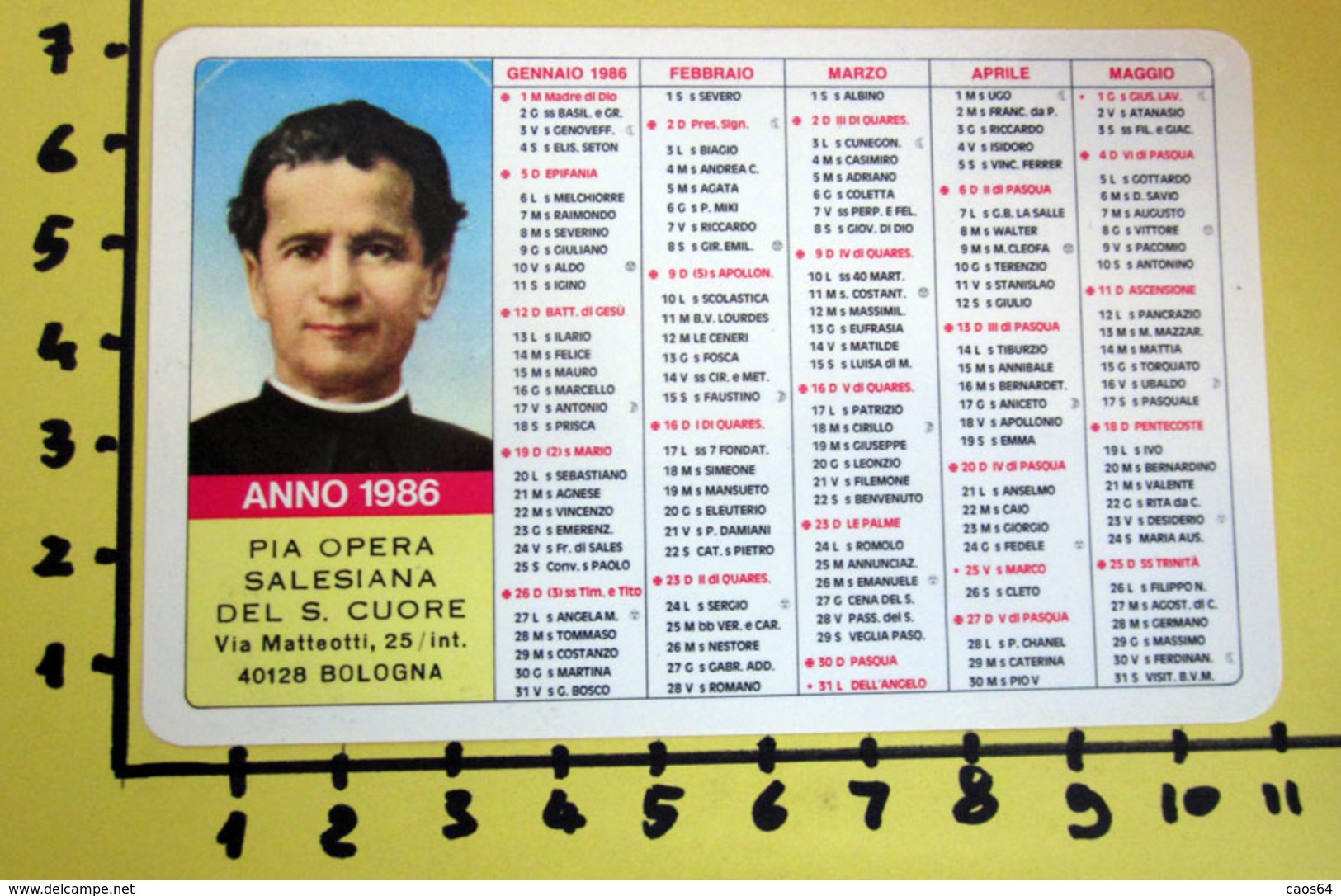 PIA OPERA SALESIANA DEL S. CUORE DON BOSCO 1986  CALENDARIO TASCABILE PLASTIFICATO - Tamaño Grande : 1981-90