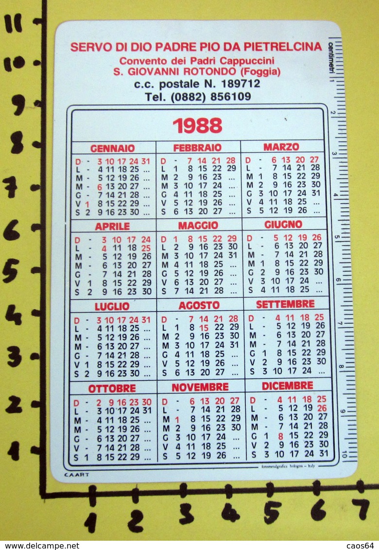 PADRE PIO 1988  CALENDARIO TASCABILE PLASTIFICATO - Big : 1981-90