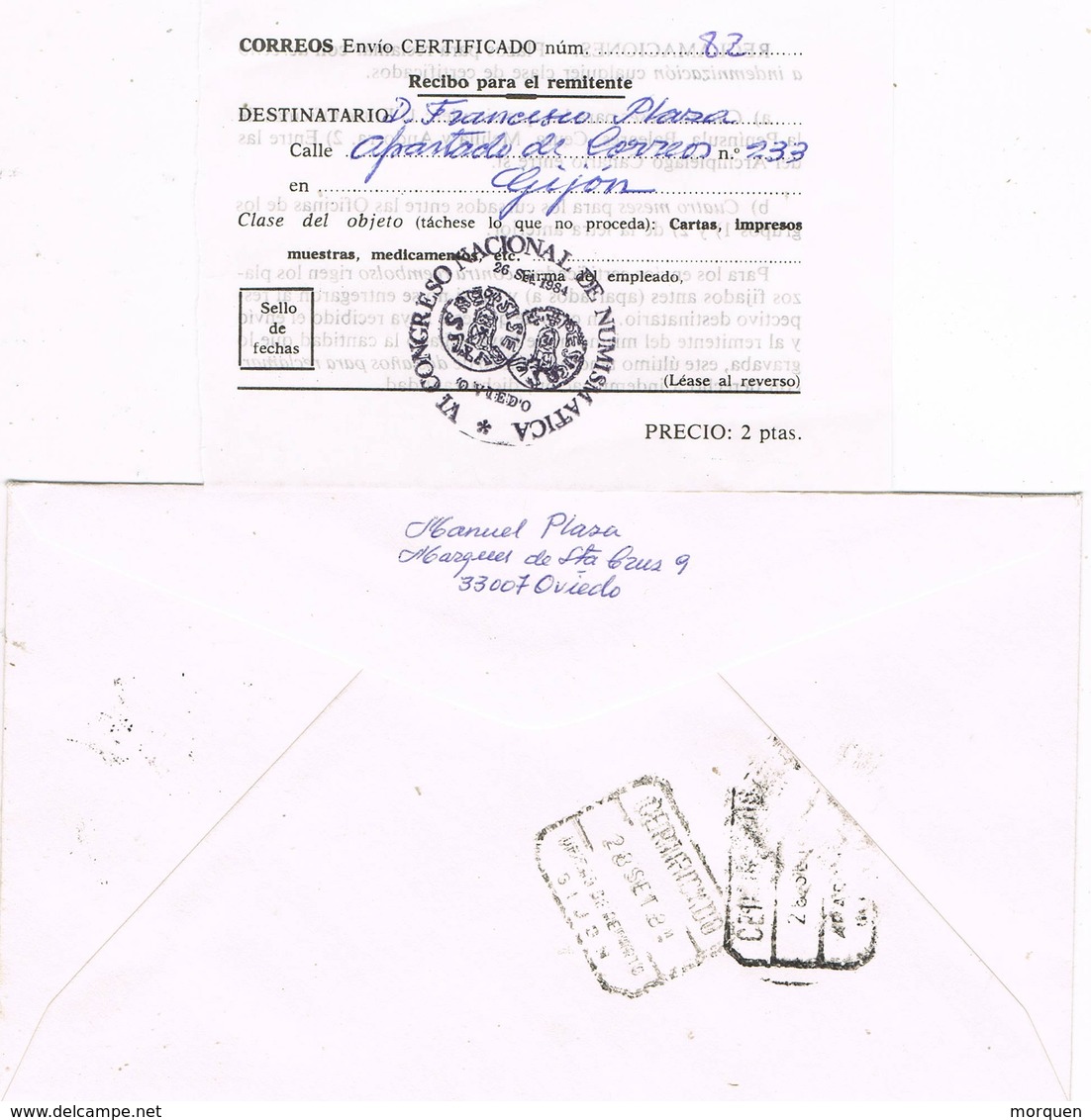 33429. Carta  Certificada OVIEDO  1984. Congreso Numismatica. Resguardo Certificado - Cartas & Documentos