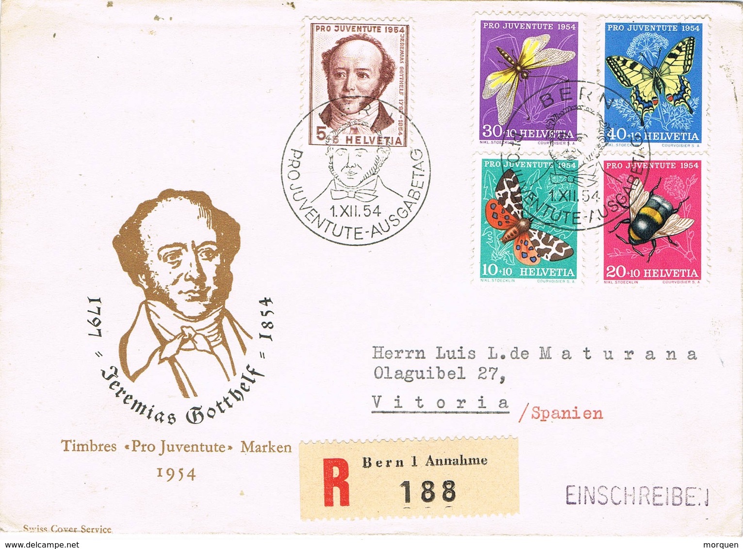 33431. Carta  Certificada BERN (Suisse) 1954. GOTTHELF, Pro Juventute. Carteria VITORIA - Cartas & Documentos