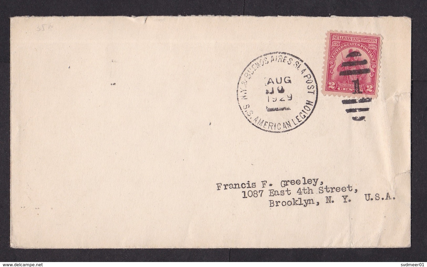 USA: Cover, 1929, 1 Stamp, Sullivan, Rare Cancel 'NY & Buenos Aires Sea Post, SS American Legion' (minor Damage) - Brieven En Documenten