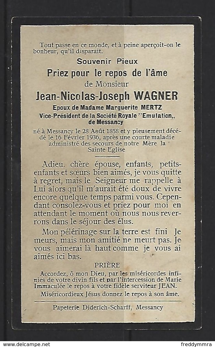 Faire-part De Décès De Monsieur Jean-Nicolas-Joseph Wagner Vice-Président De La Socièté Royale "Emulation" De Messancy - Décès