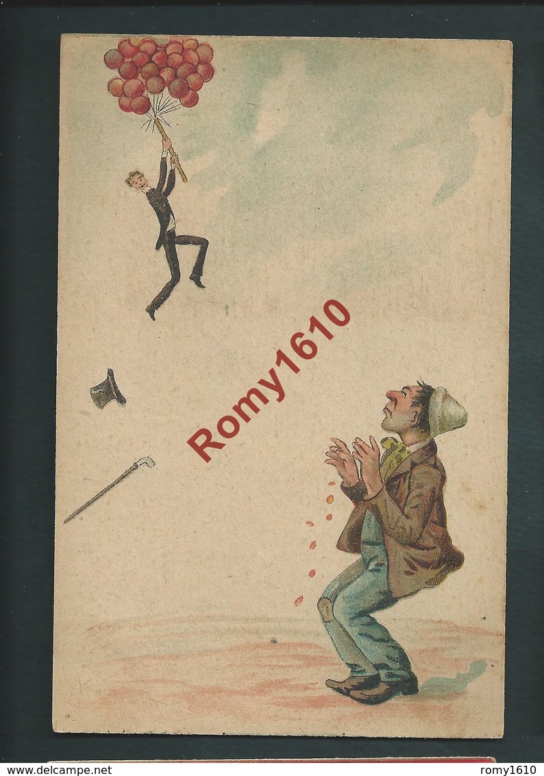 Anonyme. Superbe Illustration Peinte à La Main. Homme élégant, S'envolant Avec Des Ballons.  2 Scans. - 1900-1949