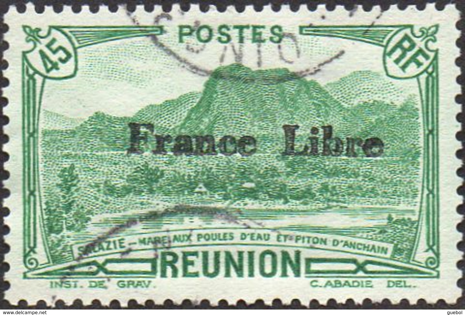 Réunion Obl. N° 194 - Vue -> Salazie, Mare Aux Poules D'eau Et Piton D'Auchain 45 Cts Vert Surchargé France Libre - Usati