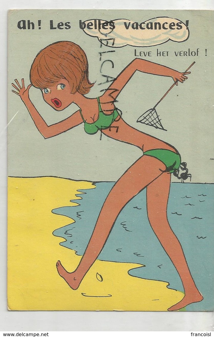 A La Plage. Femme En Maillot Et Filet De Pêche. Crabe Pince Les Fesses:" Ah! Les Belles Vacances!" - Humour