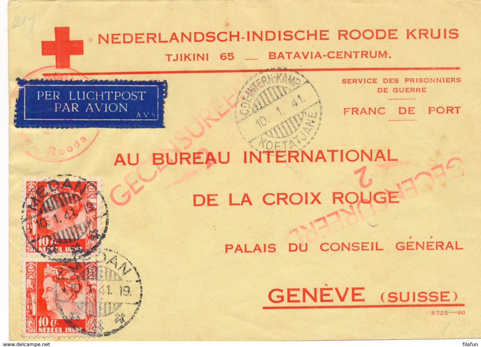 Nederlands Indië - 1941 - 20 Cent Wilhelmina Op Censored Red Cross POW Cover Van CDT-INTERN.KAMP KOETATJANE Naar Geneve - Nederlands-Indië