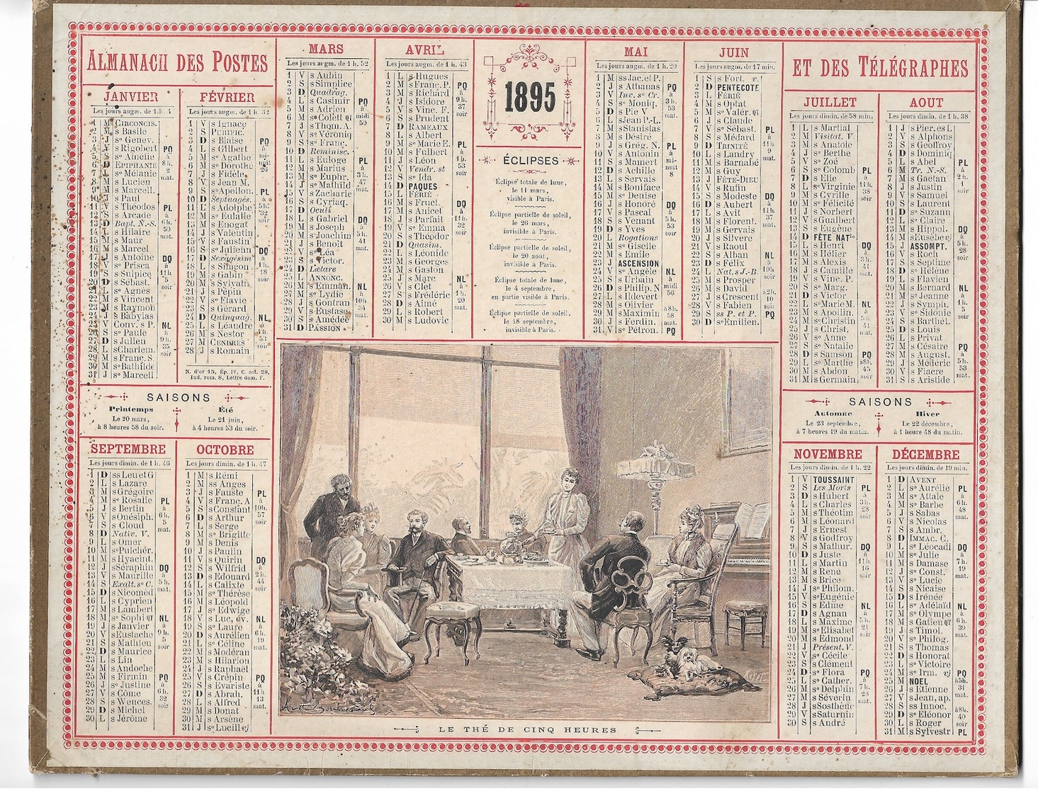 Almanach Des Postes 1895 : Le Thé De Cinq Heures, Ill Aristide Boulineau. COMPLET Carte Vendée. TB état - Formato Grande : ...-1900