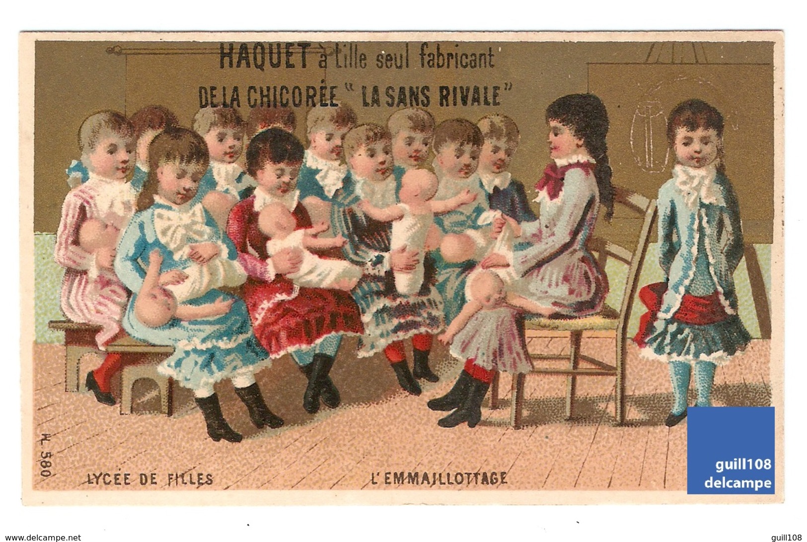 Chromo Dorée Chicorée Haquet Lille Imp. Laas Lycée Filles Emmaillottage Bébé Poupée Robe Victorian Trade Card Doll A25-3 - Tee & Kaffee