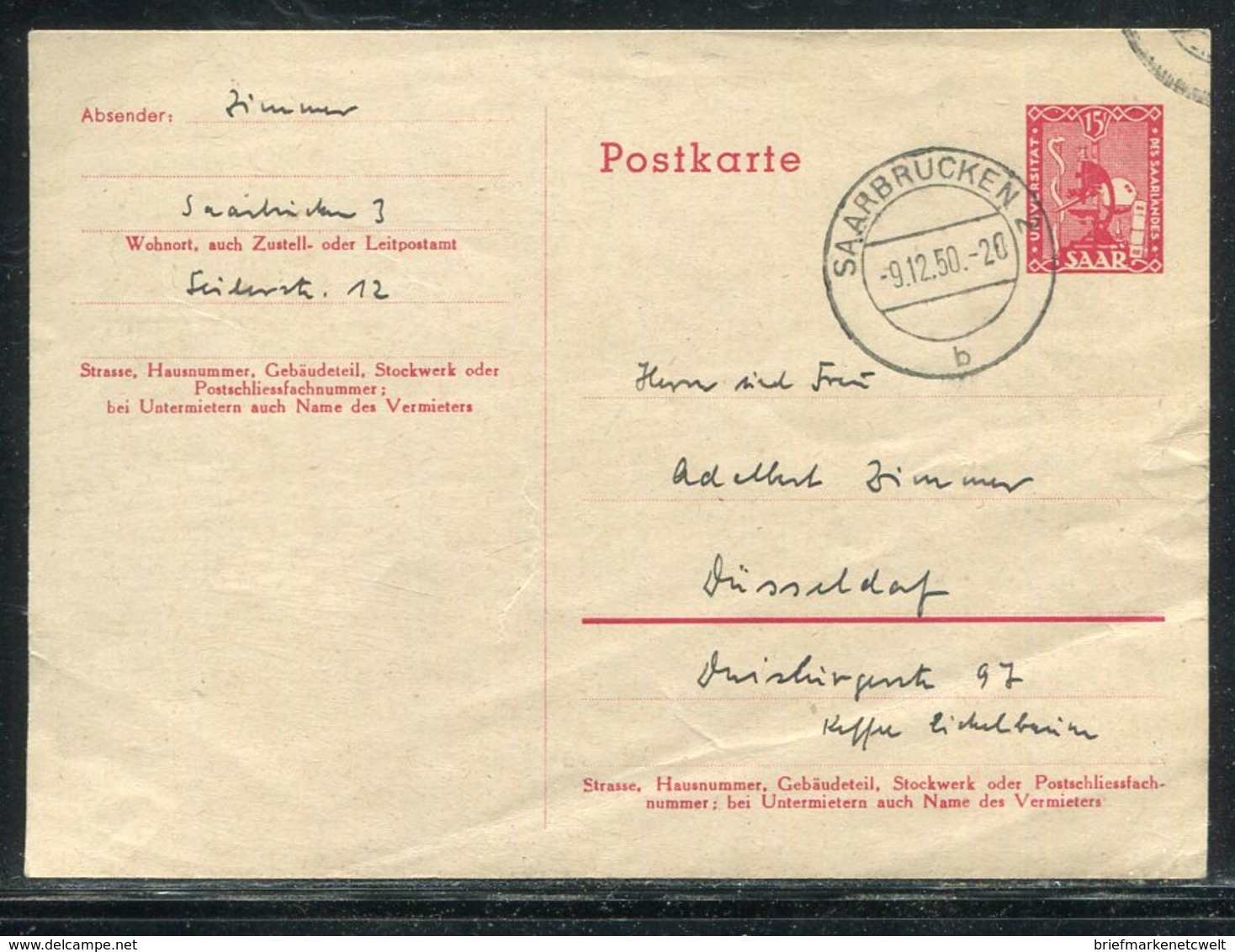 Saarland / 1950 / Postkarte Mi. P 34 Steg-Stempel Saarbruecken (19125) - Briefe U. Dokumente