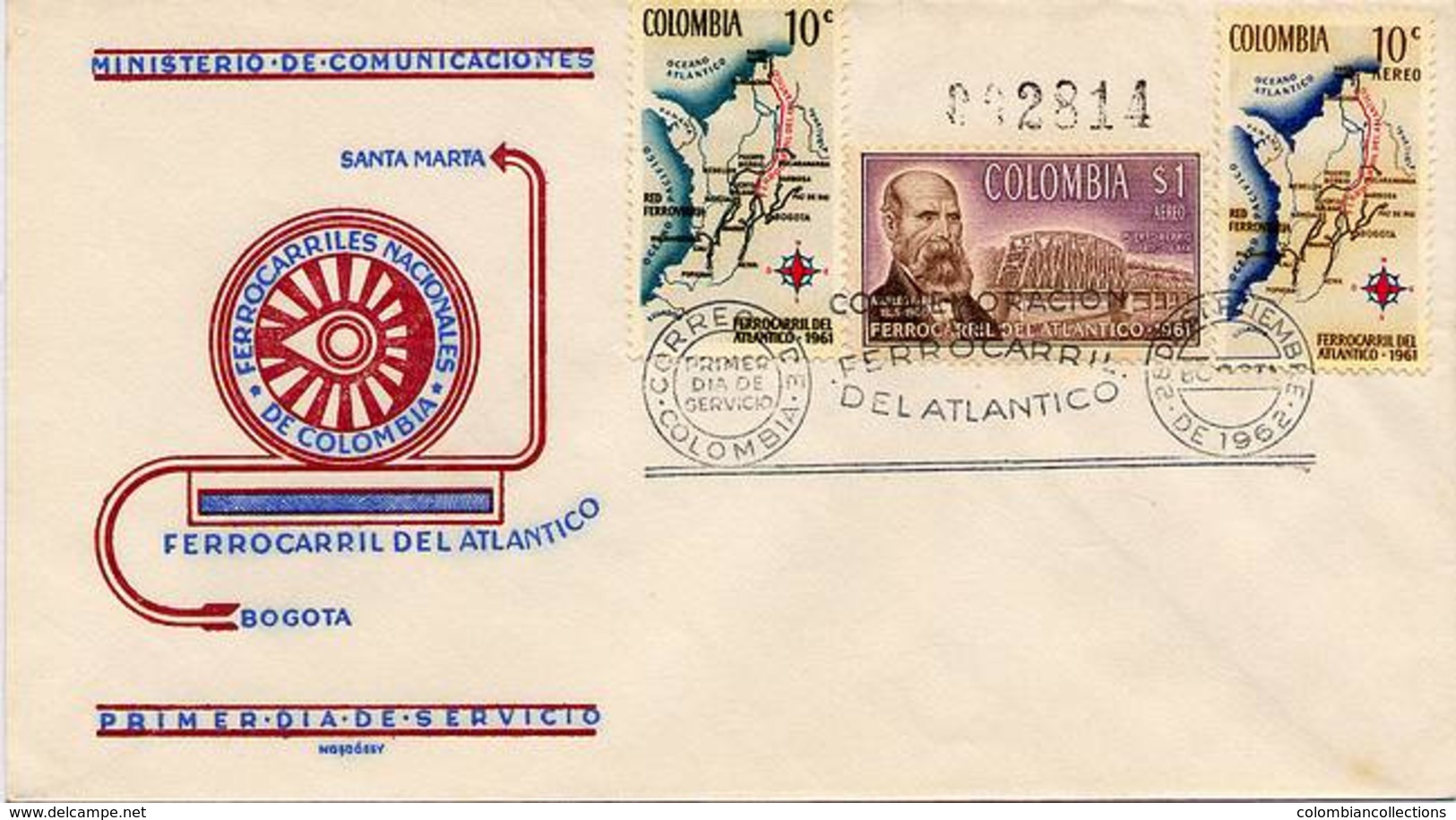 Lote 1079-81-0F, Colombia, 1962, SPD-FDC, Ferrocarril Del Atlantico, Railway, Locomotive, Bridge, Aquileo Parra - Colombia