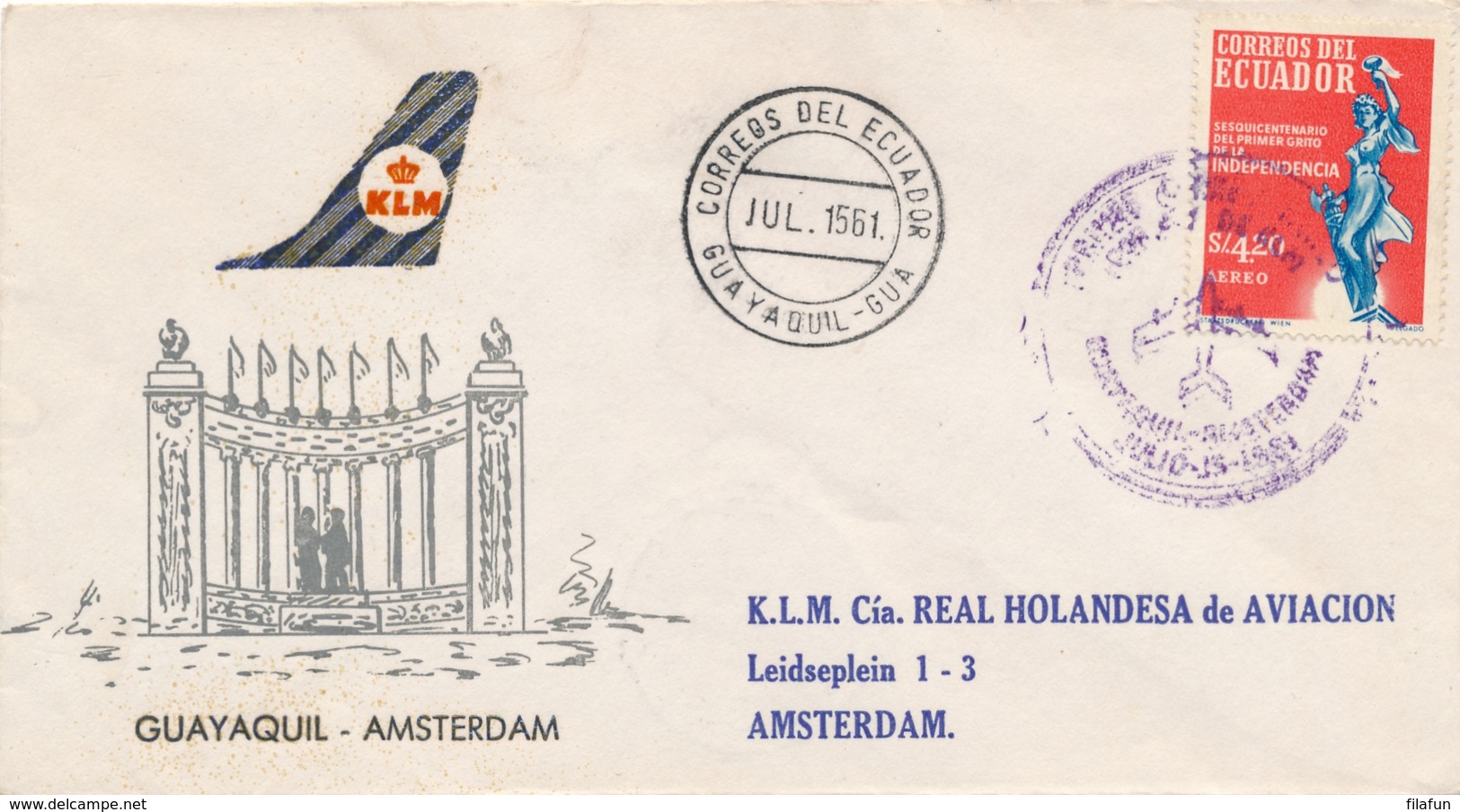 Ecuador / Nederland - 1961 - First Flight KLM Guayaquil - Amsterdam - Poste Aérienne