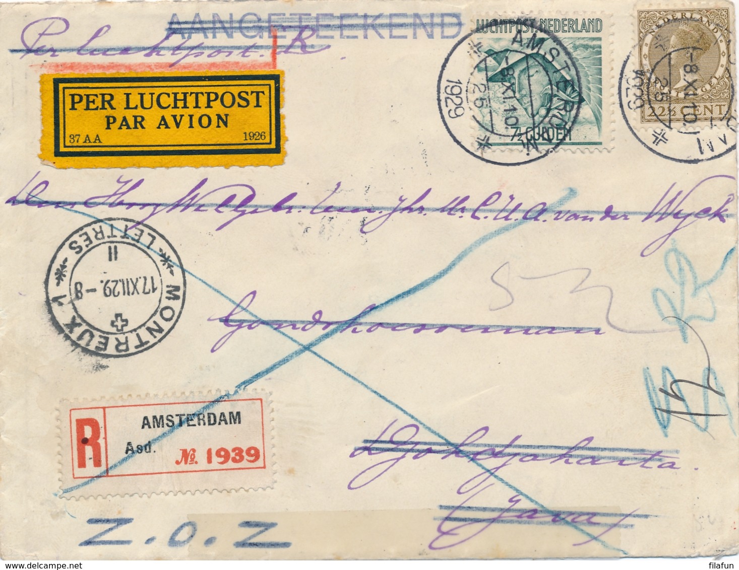 Nederland / Indië - 1929 - R-cover Met 6e Proefvlucht Naar Djokjakarta En Retour Met 4e Terugvlucht, Door Naar Montreux - Luchtpost