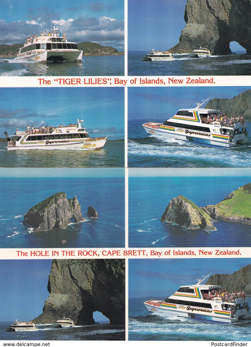 Speedboats Ships At Tiger Lilies Bay Of Islands Cape Brett 2x New Zealand Postcard - Neuseeland