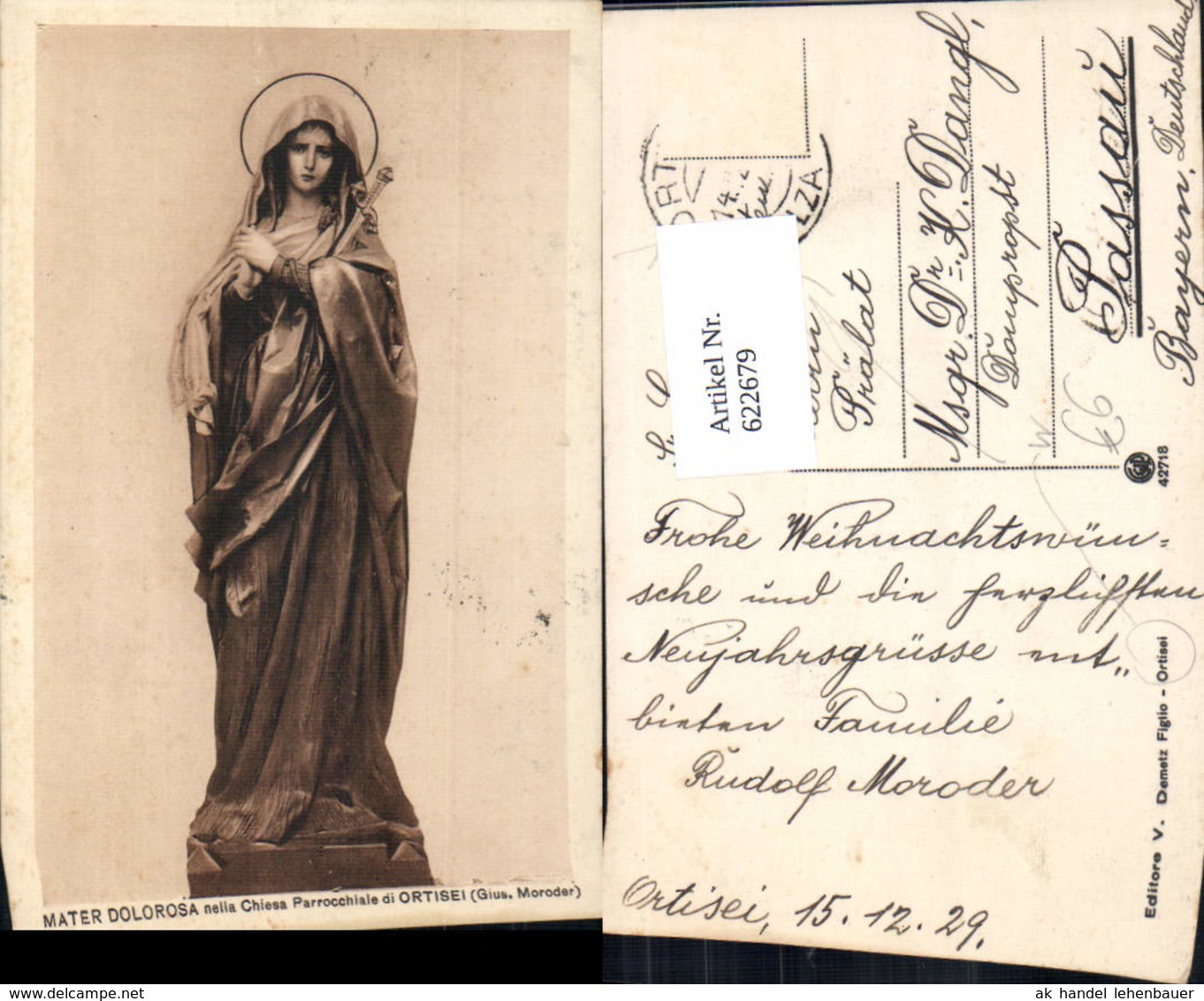 622679,Mater Dolorosa Nella Chiesa Parrocchiale Di Ortisei Gius. Moroder Statue Relig - Sonstige & Ohne Zuordnung