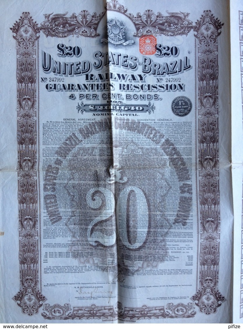 United States Of Brazil Railway 4 % Bond 1905 . Obligation De 20 Livres Chemin De Fer Du Brésil . - Chemin De Fer & Tramway