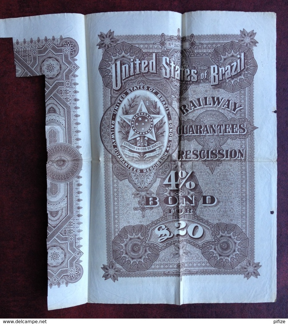 United States Of Brazil Railway 4 % Bond 1905 . Obligation De 20 Livres Chemin De Fer Du Brésil . - Chemin De Fer & Tramway