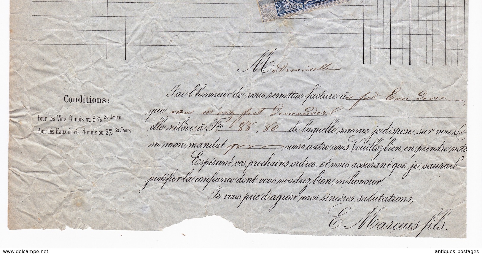 Lettre 1875 Laval Mayenne Marçais Fils Vins En Gros Bazougers Quittances Reçus Et Décharges 10 Centimes Eau De Vie - Lettres & Documents